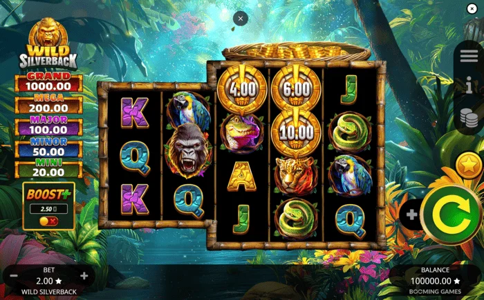 Wild Silverback – huvudspelskärm med 3-3-4-4-4 rutnät